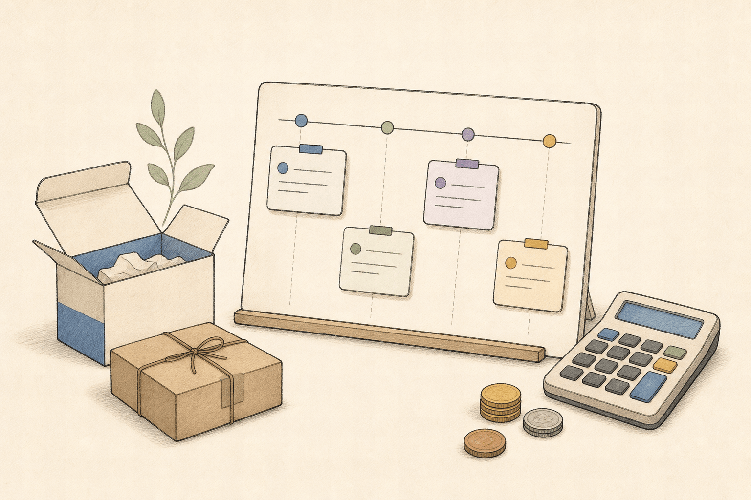 A project board, parcels, and calculator in a Notion-inspired business illustration