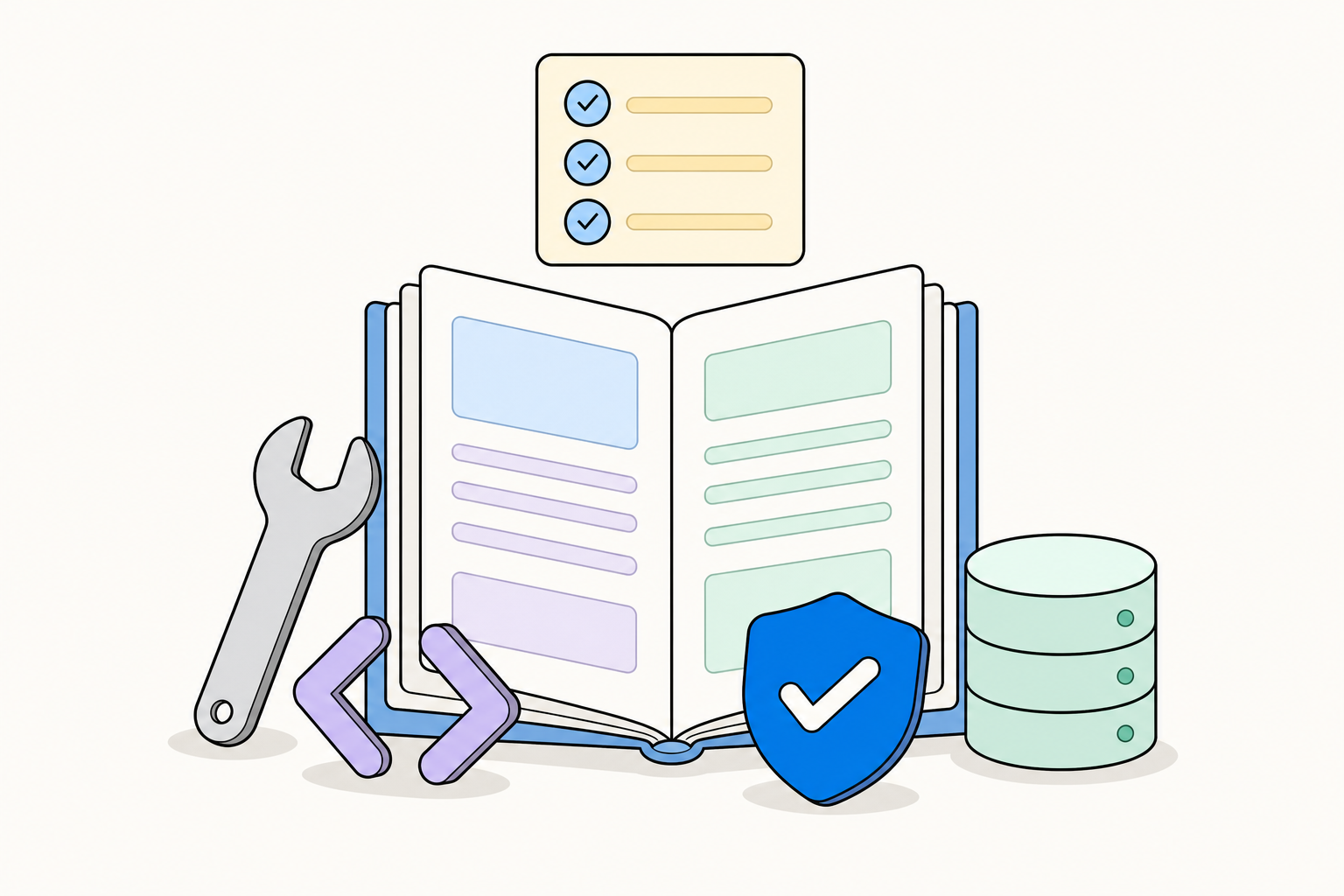An open manual surrounded by the tools it documents: a wrench, angle brackets, a database cylinder and a shield.