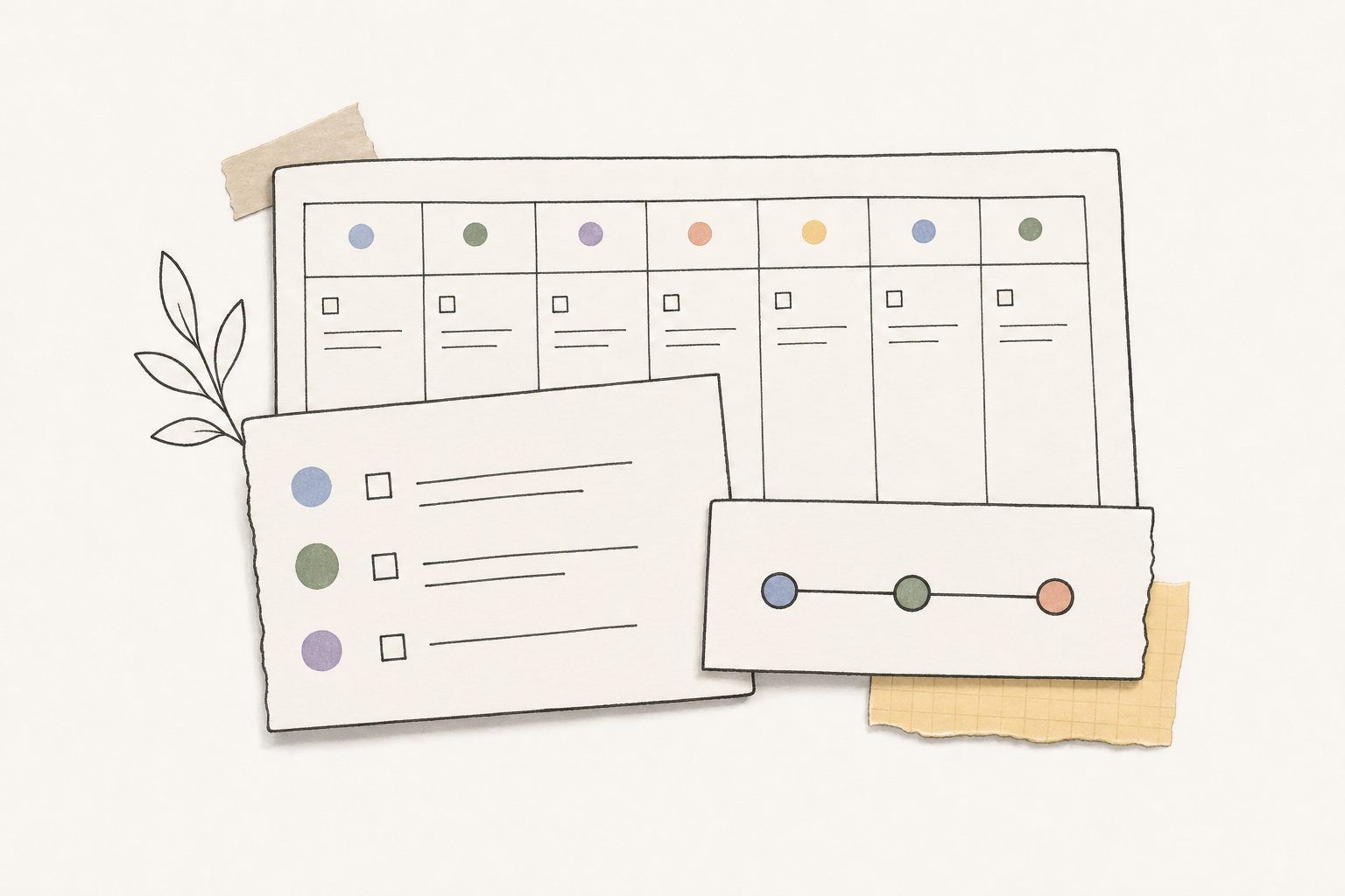 Paper-like planner, checklist, and milestone map in a Notion-inspired illustration