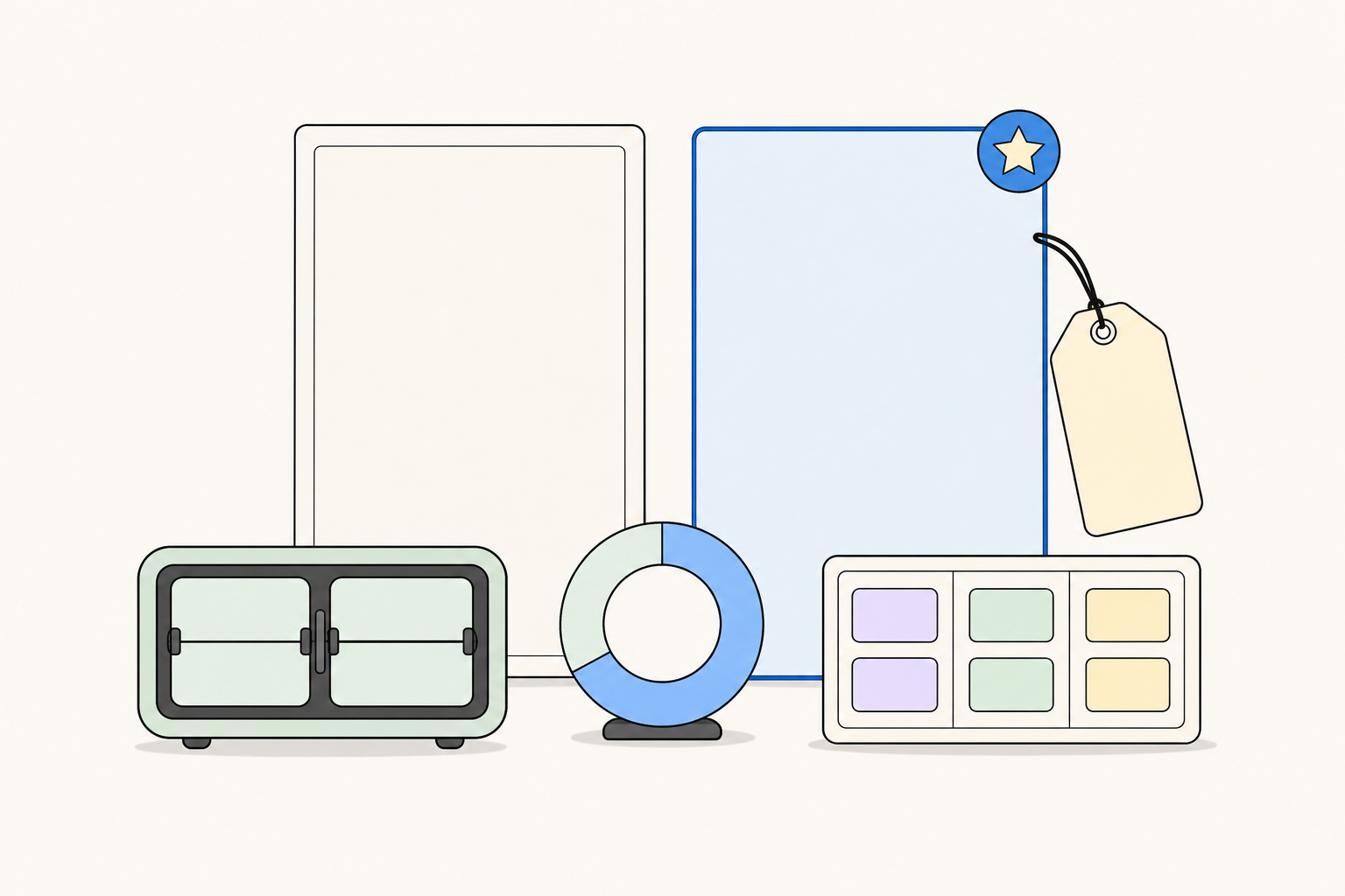 Two plan cards on a workbench, the Pro one edged in blue, surrounded by a flip clock, a progress ring and a small board.