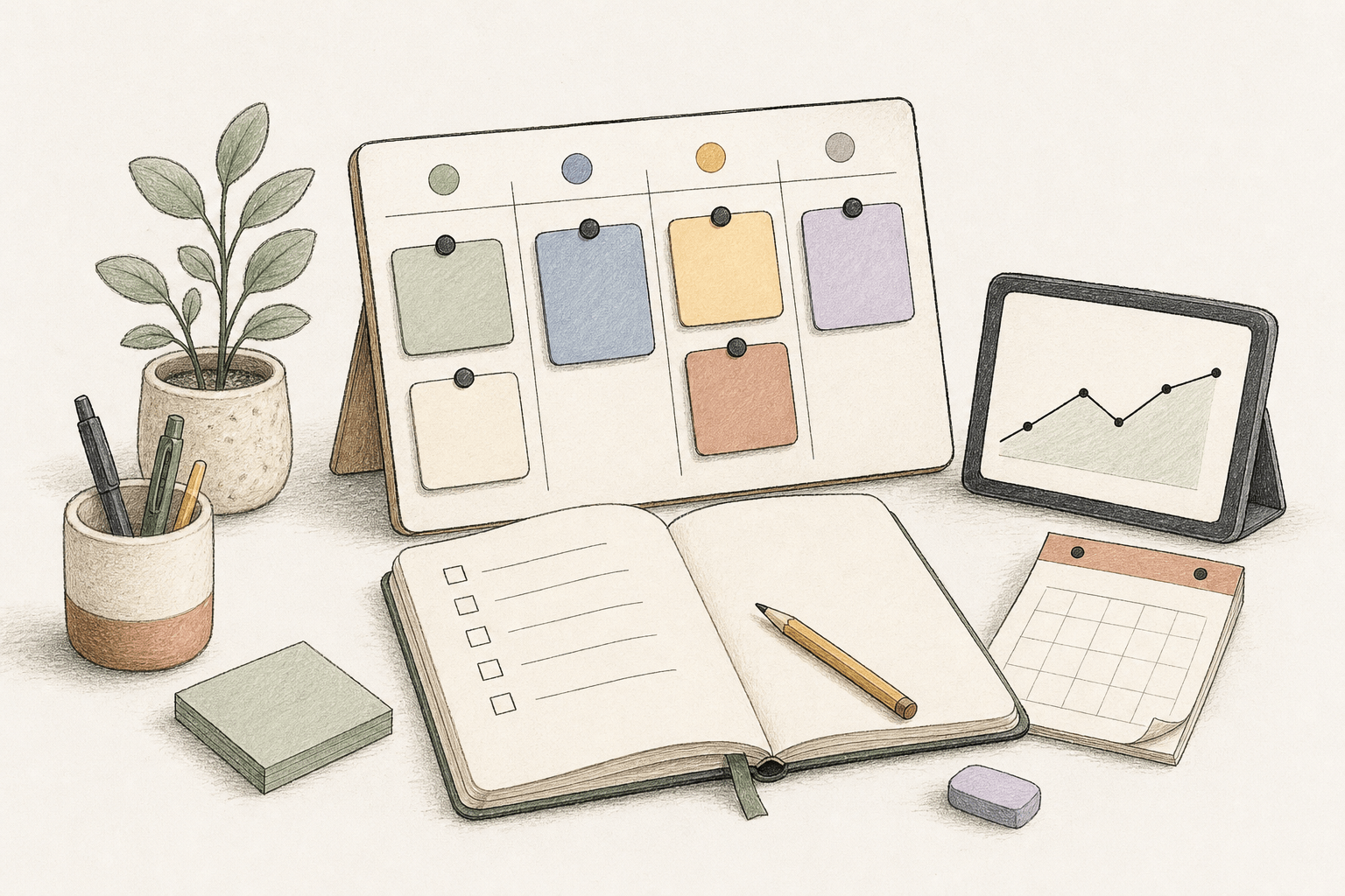 A paper task board, notebook, and planning calendar for knowledge work